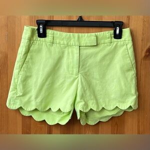 J. Crew Women's Lime Green Chino Mini Shorts Scalloped Trim 55% Linen - Size 0